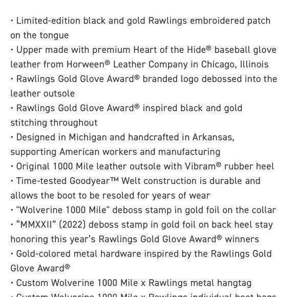 Wolverine 1000 Mile X Rawlings Gold Glove Award Cap-Toe Boot. - Picture 3 of 11